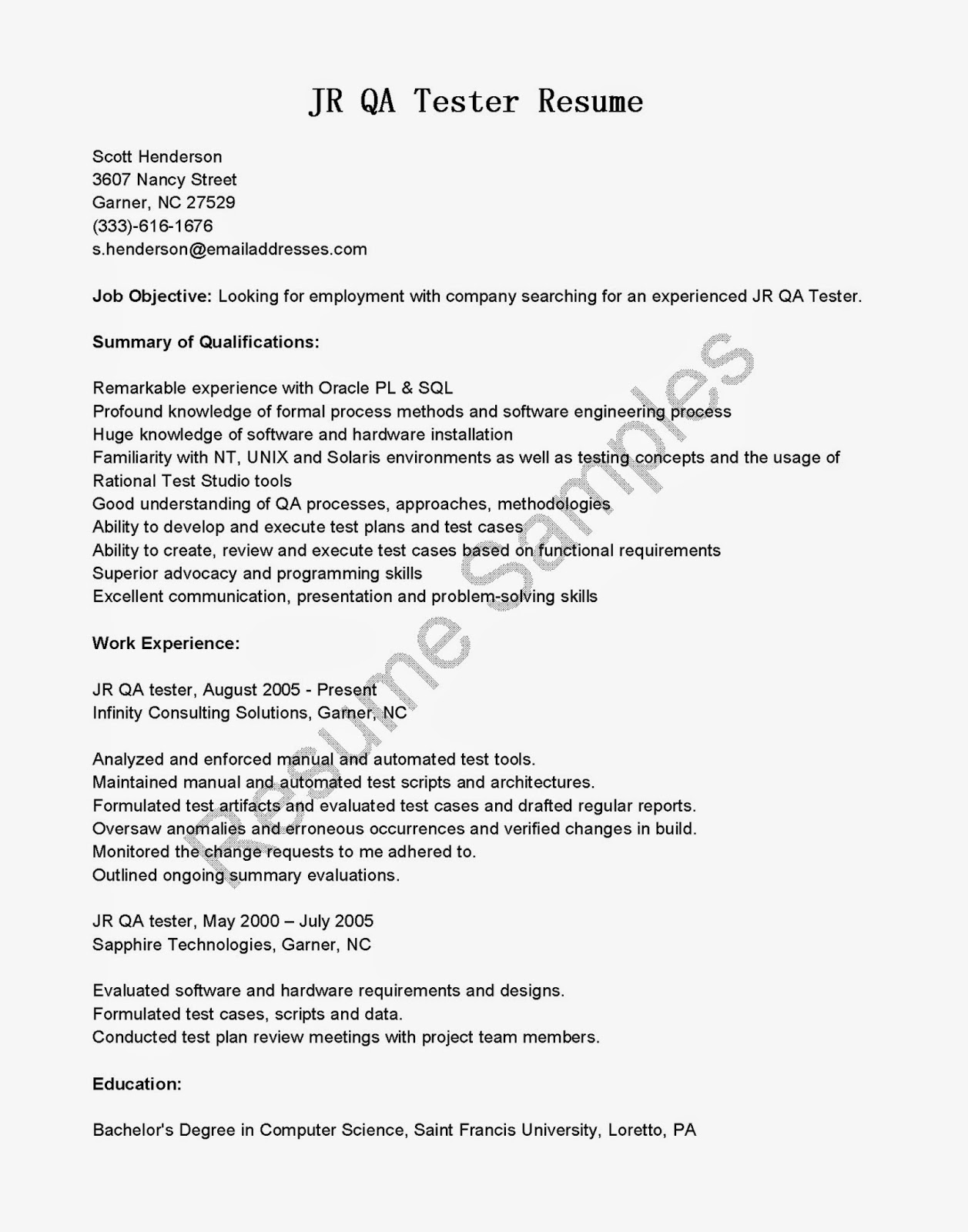 Sample resume for manual test engineer